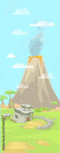 vector illustration of stone age, prehistoric landscape, volcano, Vulcan, cave