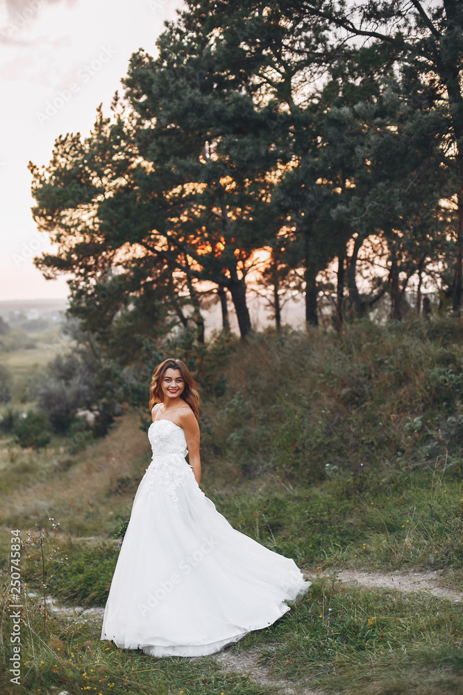 Beautiful bride walking in a summer field Beautiful bride walking in a summer field