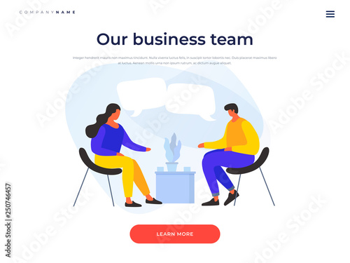 People discuss strategy of doing business, joint project. Concept of communication, discussion of news. Meeting of business people. Landing page for stylish website. Vector flat cartoon illustration.