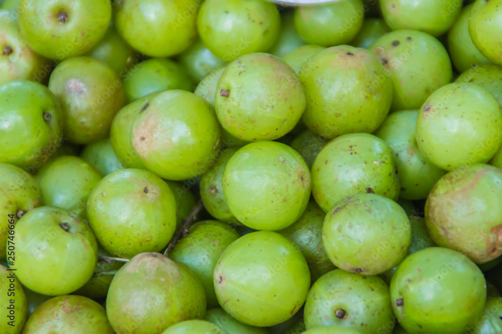 Indian gooseberry (Phyllanthus emblica), also known as emblic, emblic myrobalan, myrobalan, Indian gooseberry, Malacca tree, or amla fruit. Emblic fruits for sale in the fruit market, Thailand. Indian gooseberry (Phyllanthus emblica), also known as emblic, emblic myrobalan, myrobalan, Indian gooseberry, Malacca tree, or amla fruit. Emblic fruits for sale in the fruit market, Thailand.
