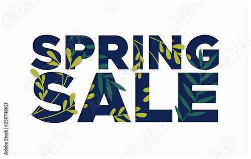 Spring sale green blue illustration with leaves
