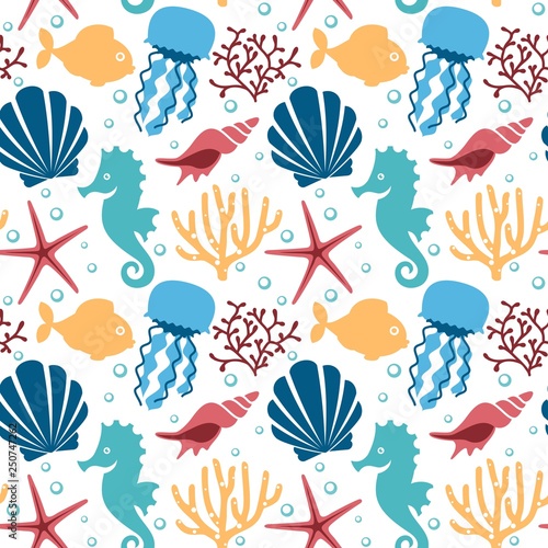 Seamless pattern with marine animals. Underwater background.