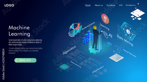 Machine learning, Ai, Data mining, algorithm, algorithm, neural network, deep learning and autonomous. isometric vector concept