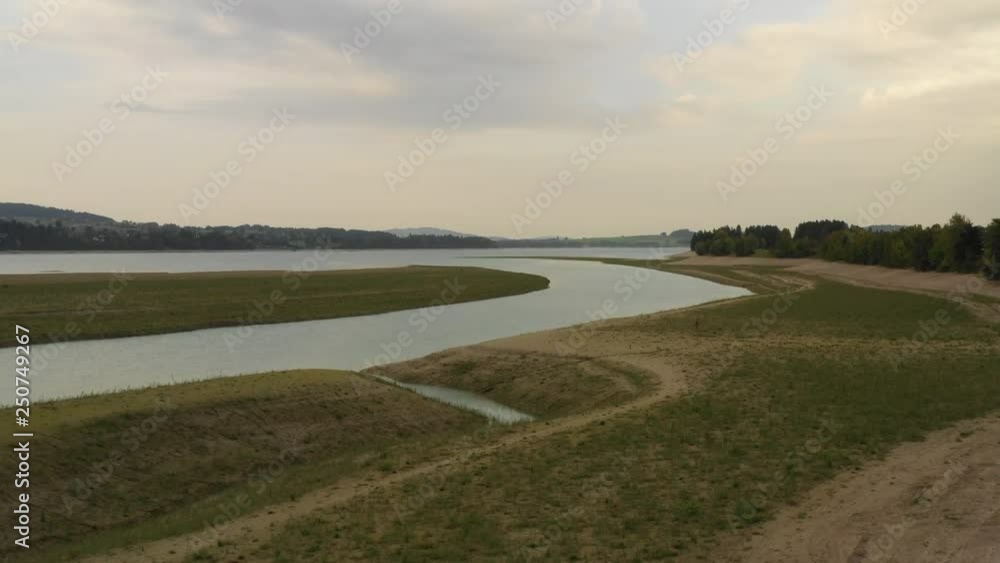 Luftaufnahme Flussmündung Lech Forggensee Dämmerung Luftaufnahme Flussmündung Lech Forggensee Dämmerung