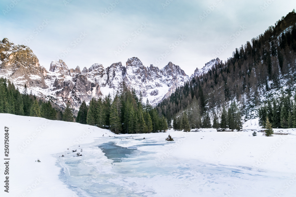 Torrente travignolo congelato e panorama con le pale di san martino innevate in Val Venegia. Trentino Alto Adige escursione con le ciaspoole