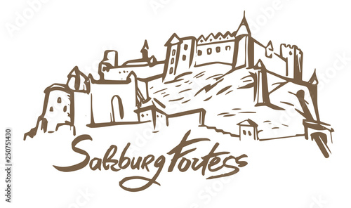 Vector hand drawn illustration of Salzburg Fortress on white background.