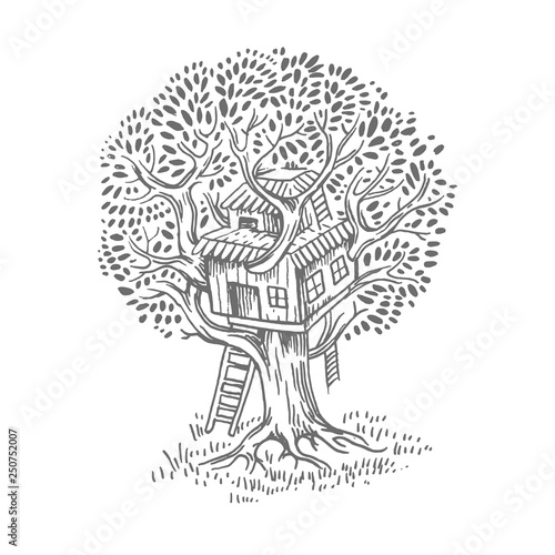 Tree house. House on tree for kids. Children playground ladder. Flat style vector illustration