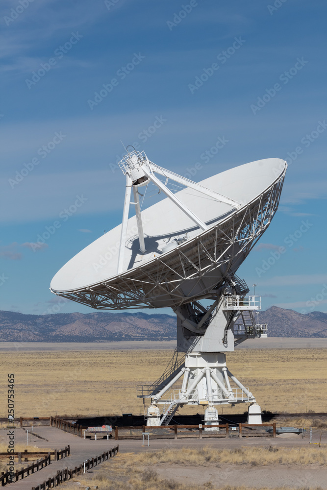 Very Large Array radio astronomy observatory dish, engineering science technology, copy space, vertical aspect