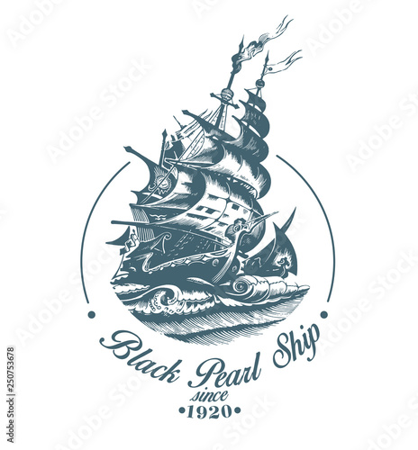 Hand drawn vector logo of vintage sailing ship in the sea