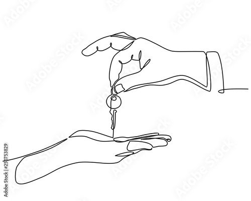 continuous line drawing of Real estate agent giving keys to apartment owner, buying selling property business. Close up of (male or women) hand taking house key from realtor.