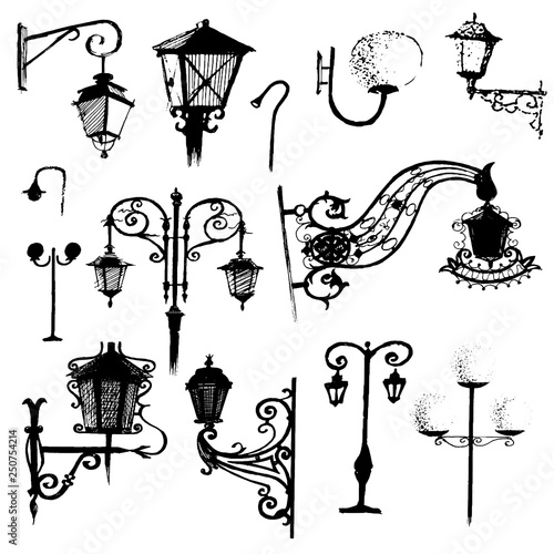 Hand drawn doodle city street lantern set. Ink vector illustration