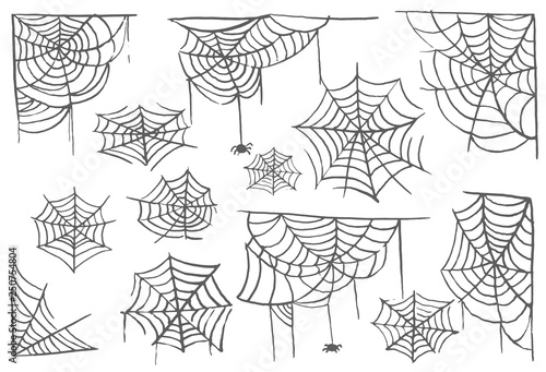 Collection of Cobweb isolated transparent background. Spiderweb for Halloween design. Spider web elements spooky and scary horror halloween decor. Hand drawn silhouette vector illustration.