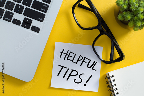 Fotografie Helpful Tips Concept On Top View Office Desktop