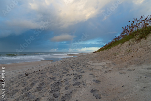 Ocean scene with rainbow and sand dunes