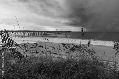 Obraz na płótnie Black and white, stormy ocean scene with pier and grasses w salonie