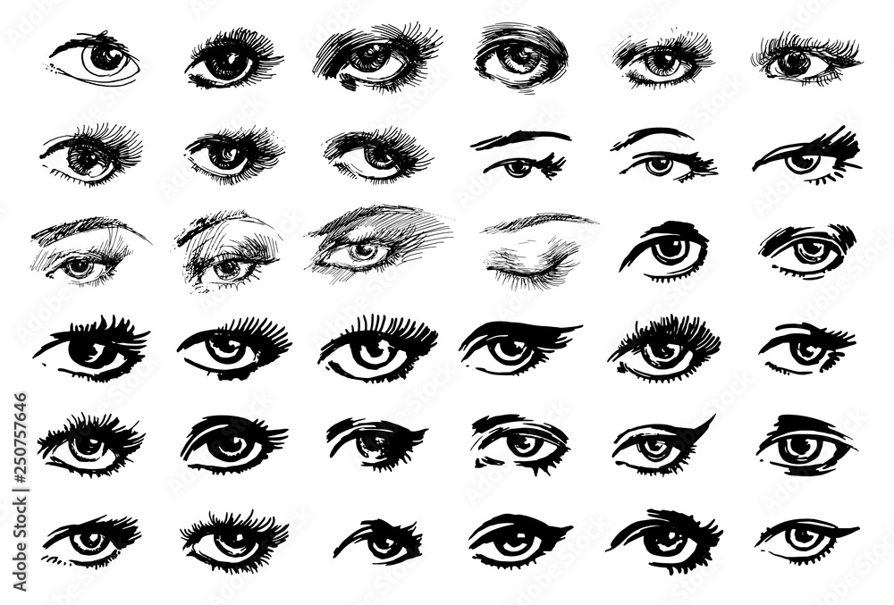 Beautiful woman eyes vector ink drawing. illustration. Black white Set