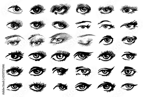 Beautiful woman eyes vector ink drawing.  illustration. Black white Set.
