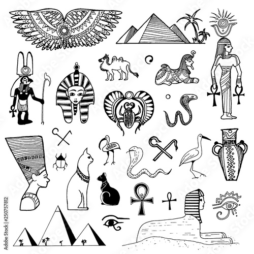 Vector Hand drawn sketch of Egypt symbols illustration on white background