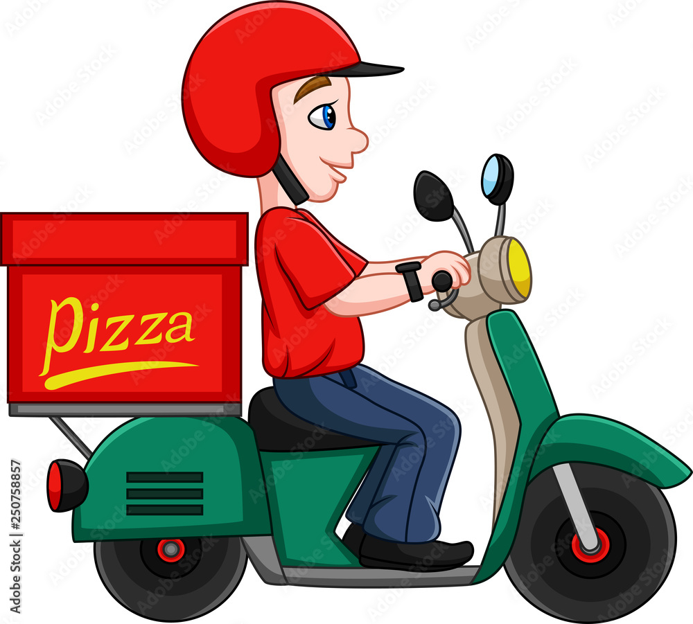 Cartoon Pizza delivery man riding a scooter Stock Vector | Adobe Stock