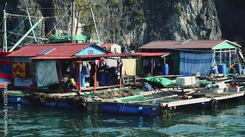 Floating Fishing Village In The Ha Long Bay. Cat Ba Island, Vietnam.
