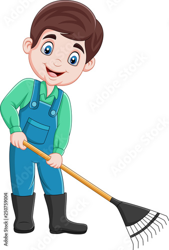 Cartoon young farmer working with a rake