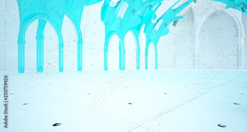 Abstract concrete gothic interior with glass. 3D illustration and rendering.
