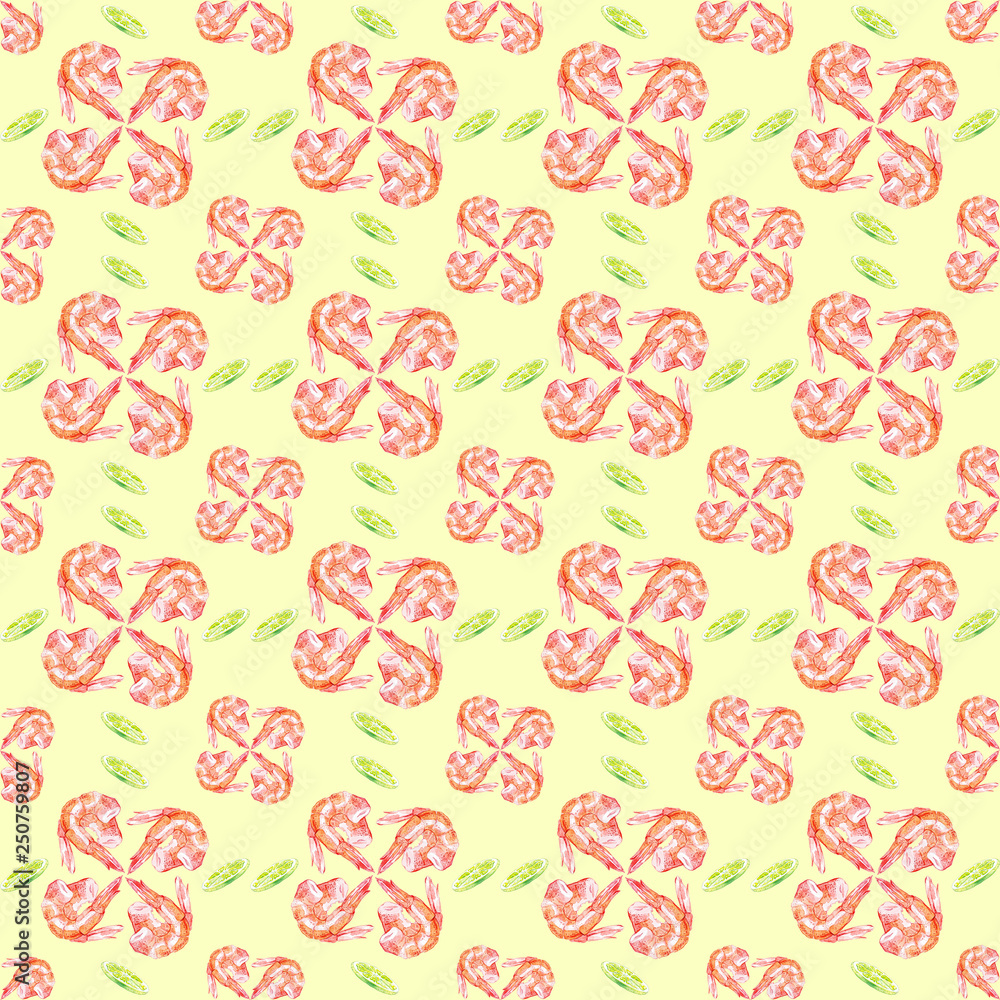 Watercolor Seamless pattern with shrimps and lime . Illustration isolated on yellow background