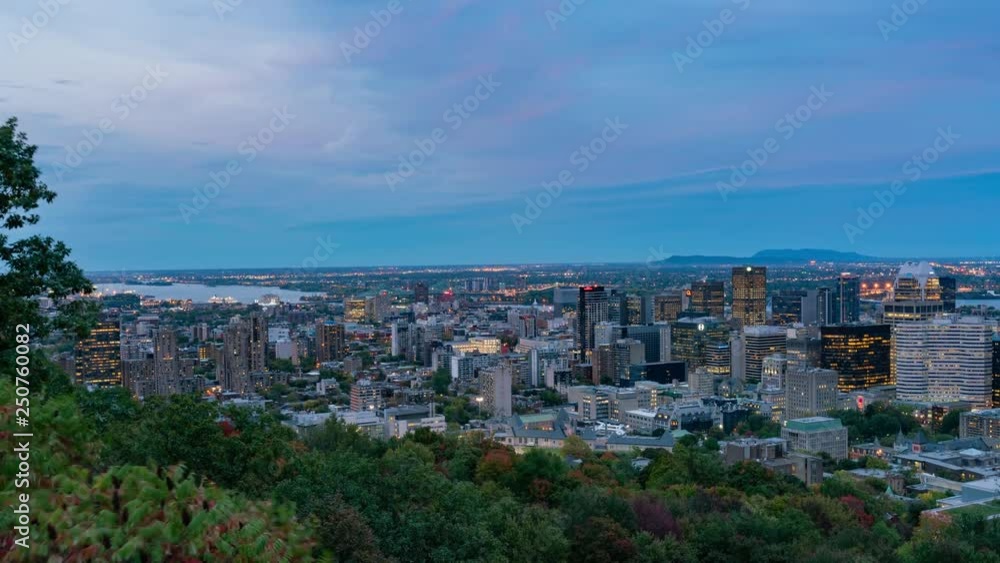 Aerial afternoon to night timelapse of Montreal downtown cityscape from Royal Mountain Aerial afternoon to night timelapse of Montreal downtown cityscape from Royal Mountain