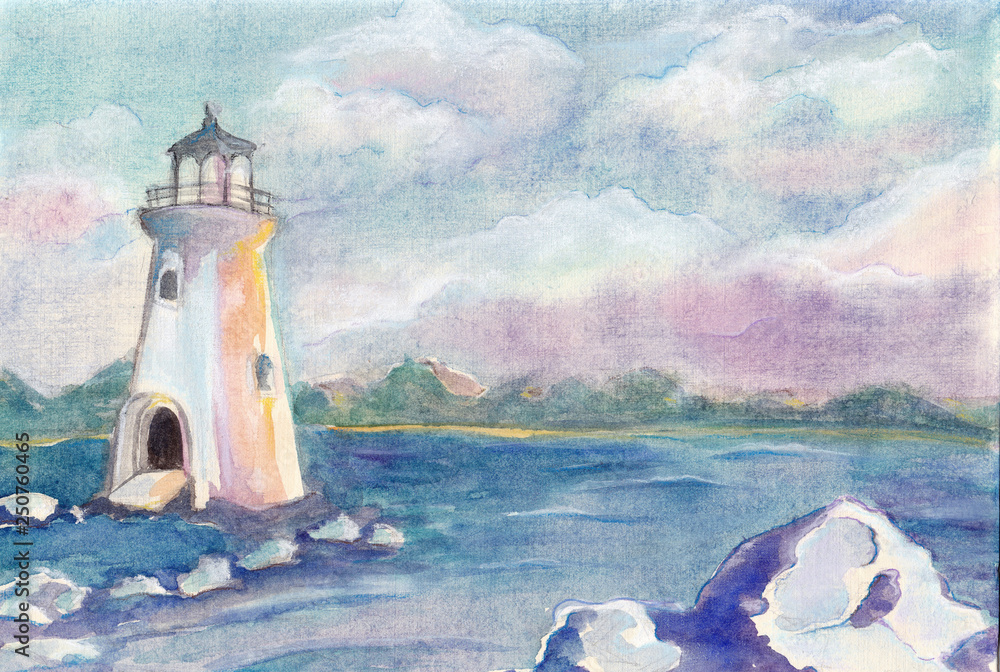 lighthouse on the seashore by watercolor
