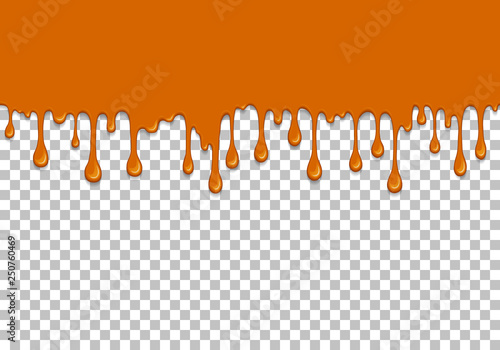 Orange dripping slime seamless pattern. Honey background with copy space. Kids sensory toy vector illustration. Realistic sweet cream isolated element. Flowing caramel sauce. Paint drops and blots.