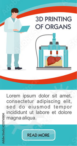 Banner of 3D printing. Vector illustration of 3D printing process. Concept of bioprinting of tissues and organs. Colorful vector illustration in flat cartoon style