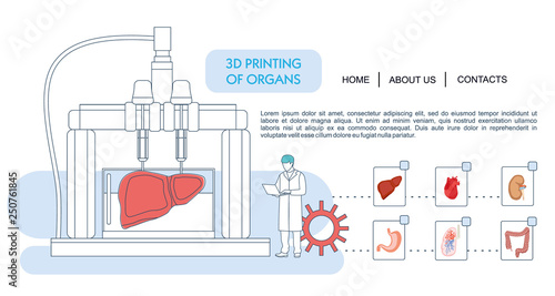 Landing page template. Bioprinting concept, 3D printing of the liver, stomach, lungs, kidneys and heart. scientists with 3D printer. Colorful vector illustration in flat outline cartoon style.