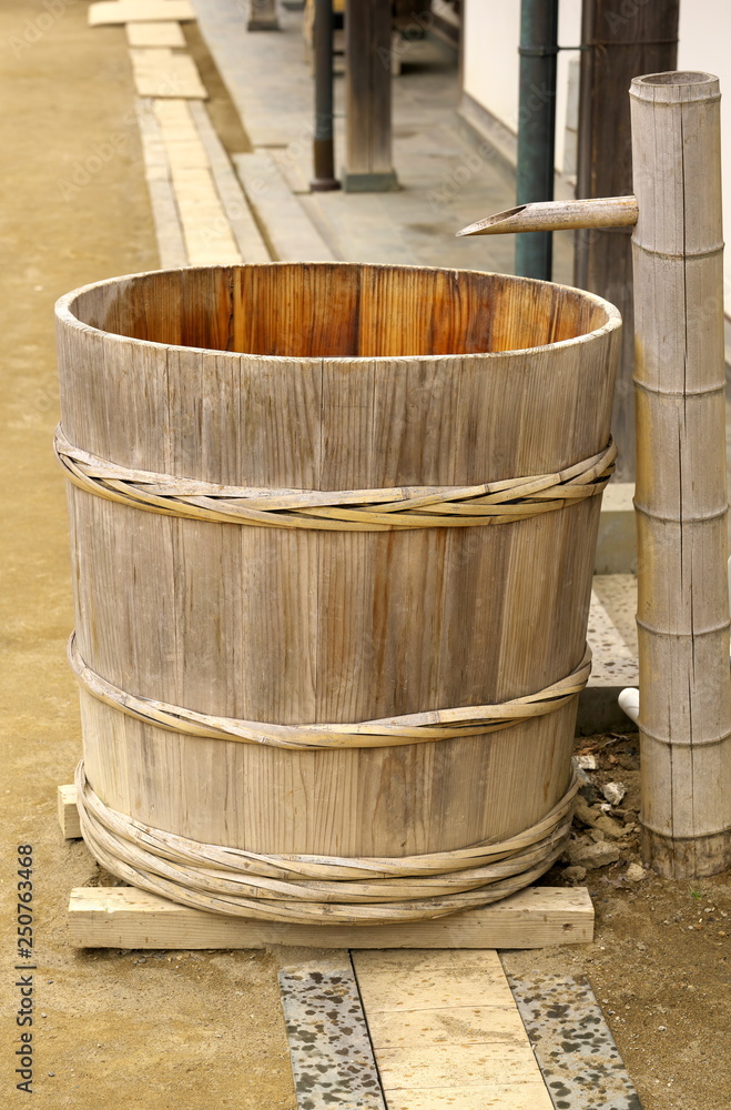 Chiba,Japan-February 19, 2019: A Japanese wooden tub or oke