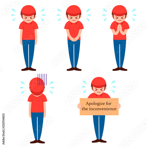 delivery man apologize for the inconvenience. Sorry for mistake.flat vector illustration isolated on white background.