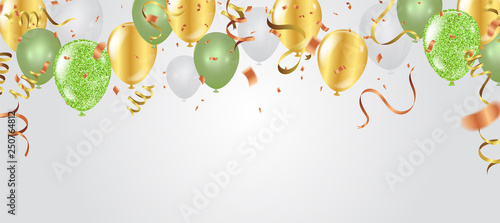 Green and Gold with confetti helium balloon isolated in the air.for birthday, anniversary, celebration, event design. Vector illustration photo