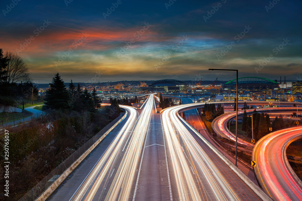 Freeway Light Trails in Seattle WA at Sunset at night Freeway Light Trails in Seattle WA at Sunset at night