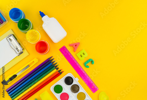 Stationery yellow background. Education. Training material for learning and creativity.