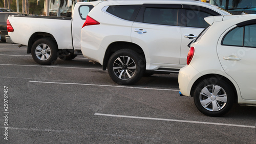 Closeup of back or rear side of white car and other cars parking in parking area in twilight evening of sunny day. 