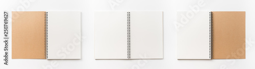 Business concept - Top view collection of  spiral kraft notebook front, back and white open page isolated on background for mockup