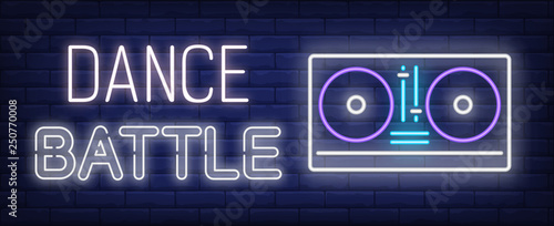 Dance battle neon text with DJ mixer