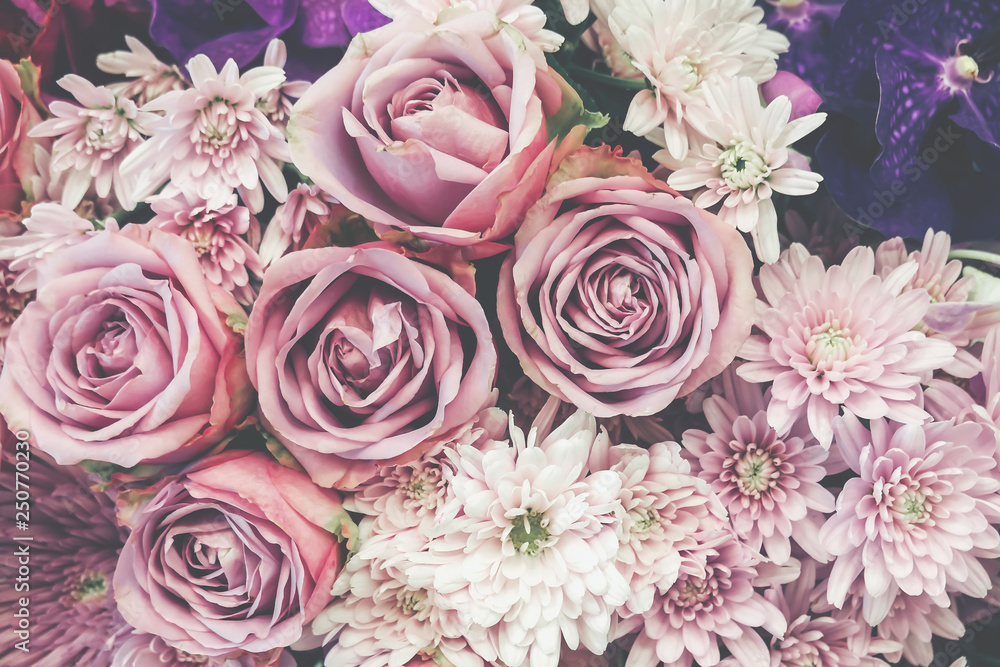 Floral background,Lot of pink roses background. Retro filter.