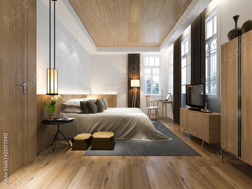 3d rendering wood minimal style bedroom with view from window