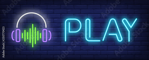Play neon text with headphones and sound wave