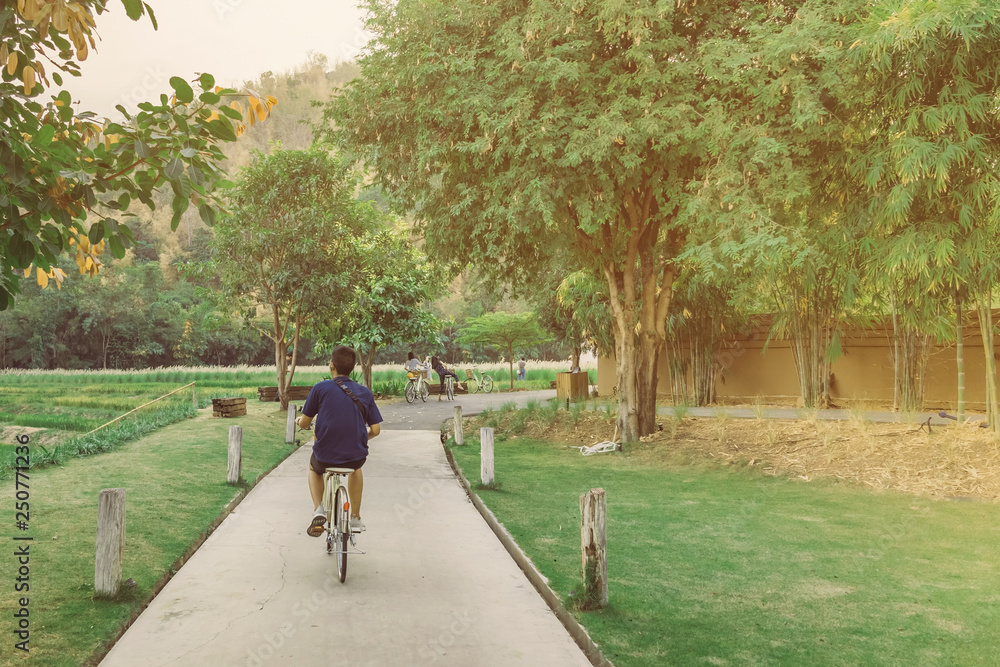 People exercising by cycling in the evening at the public park. People exercising by cycling in the evening at the public park.