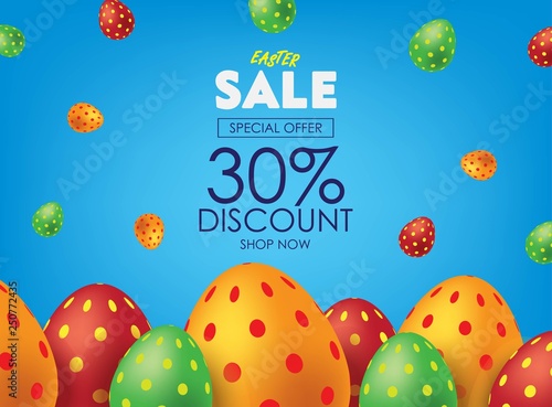 Blue Easter Sale Poster or Flyer with Colorful Eggs. Advertising Campaign in Retail, Sale Promo Marketing, Ad Offer on Shopping. Falling Easter Eggs background Vector illustration.