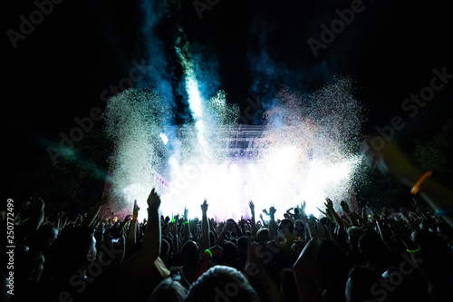Crowd of people enjoying in confetti fireworks during music festival by night.