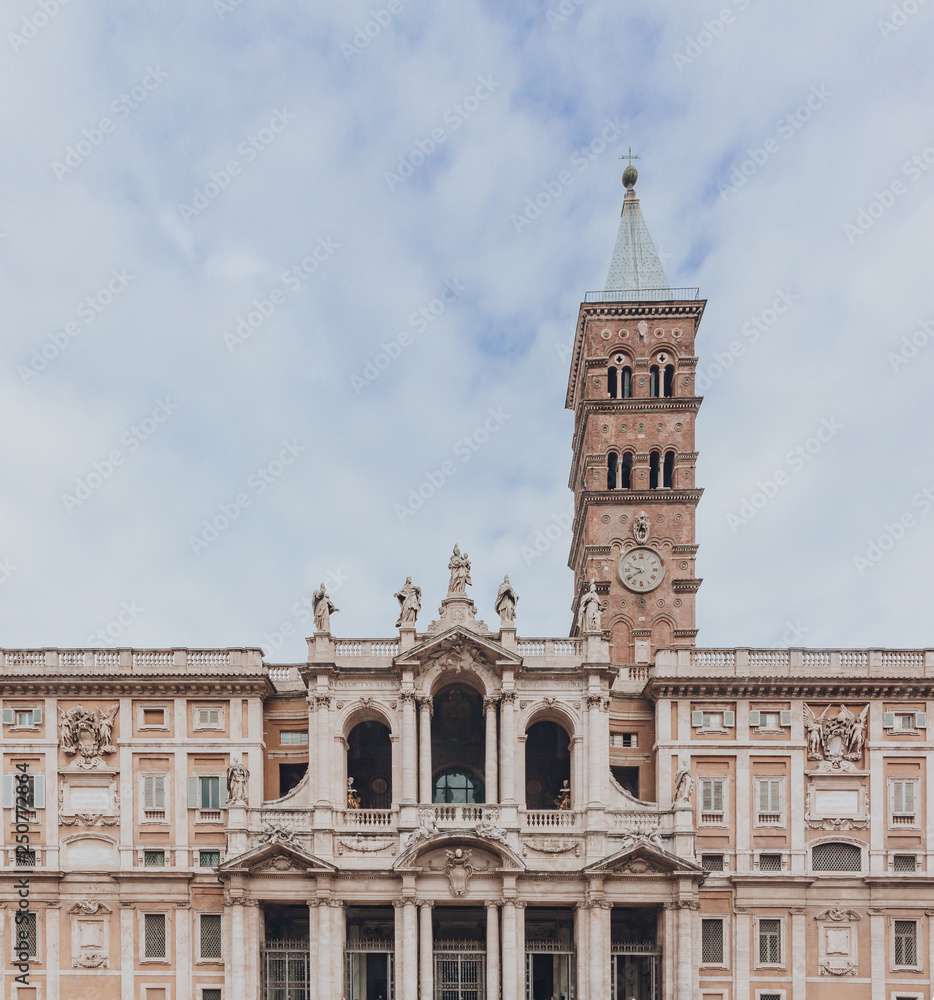 Front facade and tower of Basilica of Santa Maria Maggiore in Rome, Italy