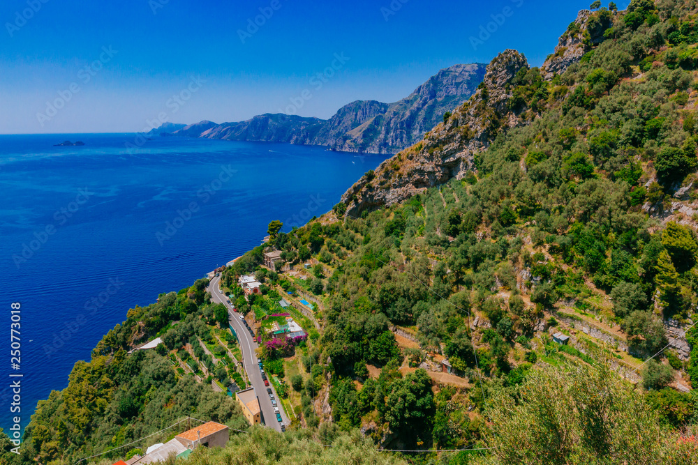 Mountains and coastline of Amalfi Coast from Path of the Gods, a hiking trail near Positano, Italy