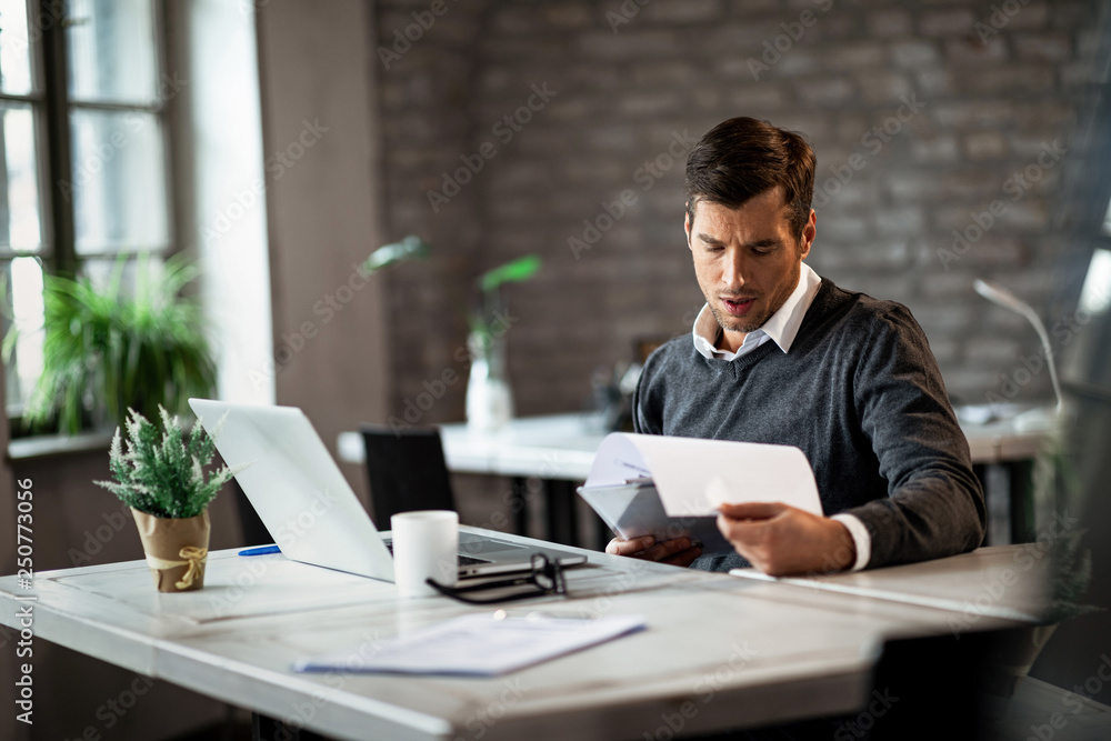 Mid adult businessman going through reports while working in the office. Mid adult businessman going through reports while working in the office.