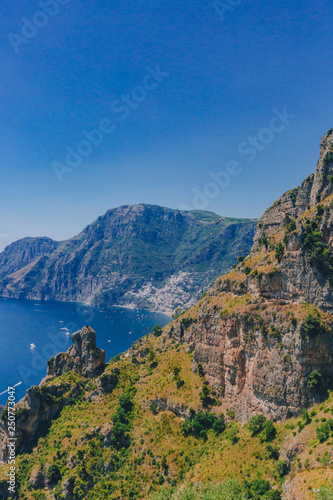 Mountains and coastline of Amalfi Coast from Path of the Gods, a hiking trail near Positano, Italy